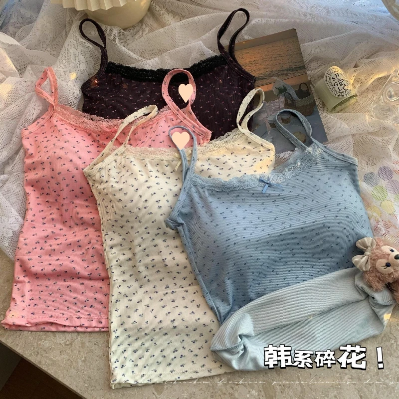 

Floral Eyelet Sweet Slim Tank Tops Women Lace Trim Bow Cotton Sleeveless Summer Camisole Female Preppy Style Cute Slim Crop Top