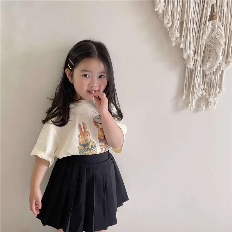 Kids Clothes 2022 Summer Children Short Sleeve Korean Rabbit Flower Print T-Shirt Baby Cute Half Sleeve Round Neck Top