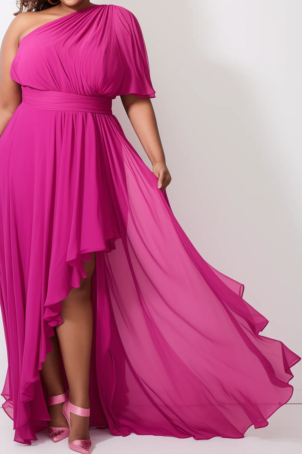 Women Plus Size Formal Hot Pink Oblique Collar Short Sleeve Irregular Hem Ruffled Fold Chiffon Elegant Wedding Guest Maxi Dresse