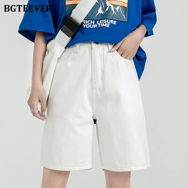 

BGTEEVER шикарные женские прямые джинсовые шорты с высокой талией и карманами, летние свободные повседневные широкие джинсовые шорты для женщин