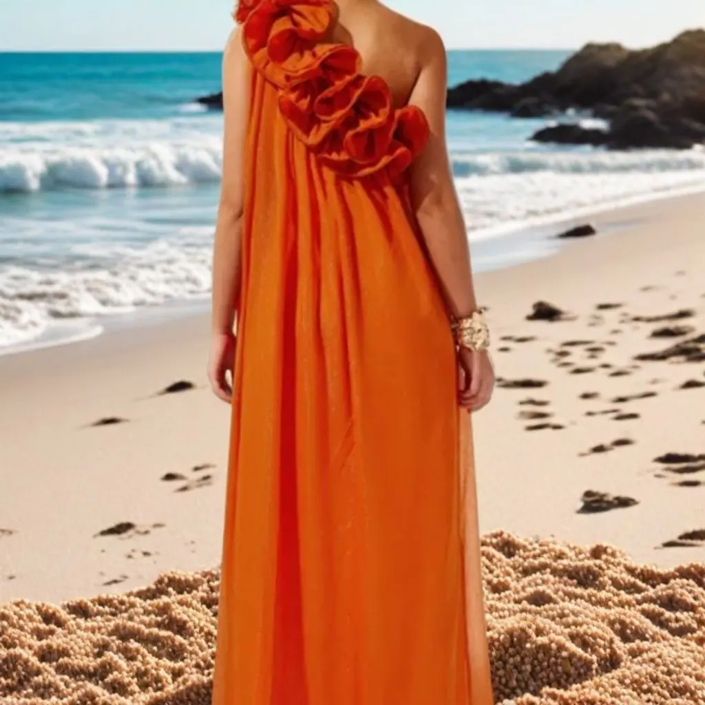 Women's Three-Dimensional Flower Pleated Shoulder Dress Summer Backless A-Line Midi Skirt European Style Casual Fashion