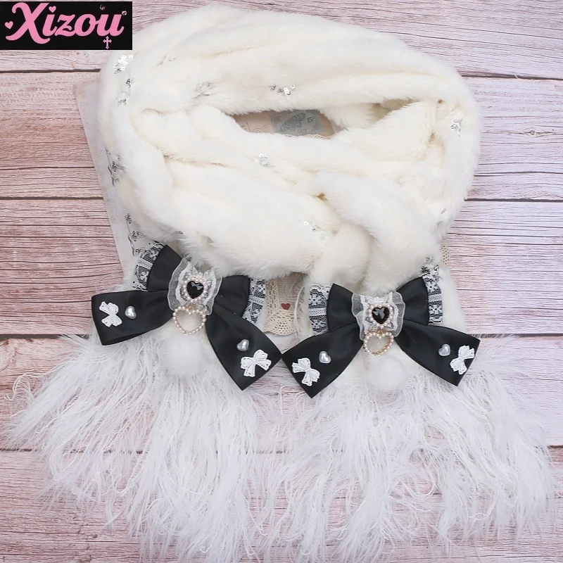 Handgemaakte Japanse dames Sweet Lolita massaproductie boog haarbal liefde kant rand pluizige sjaal warme sjaal winter zacht meisje