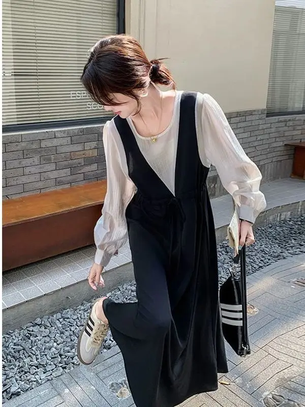 

Платье женское больших размеров, черно-белое, с длинным рукавом, повседневное, с завышенной талией, А-силуэт, удобное, комфортное, размер 300 Pou