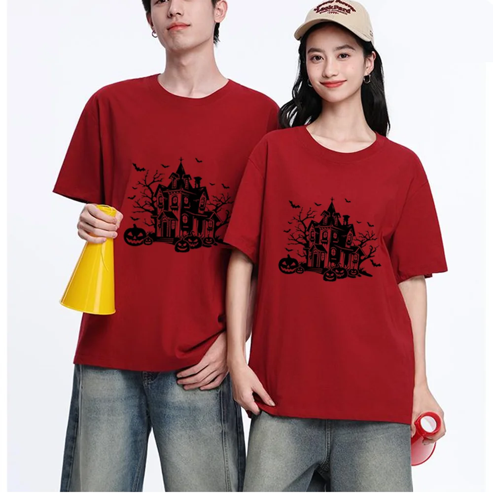 Halloween Haunted House Pumpkin Bat Printed T Shirt Breathable Fabric S-XXL Personalized Custom Unisex Fit Casual Short Sleeve T