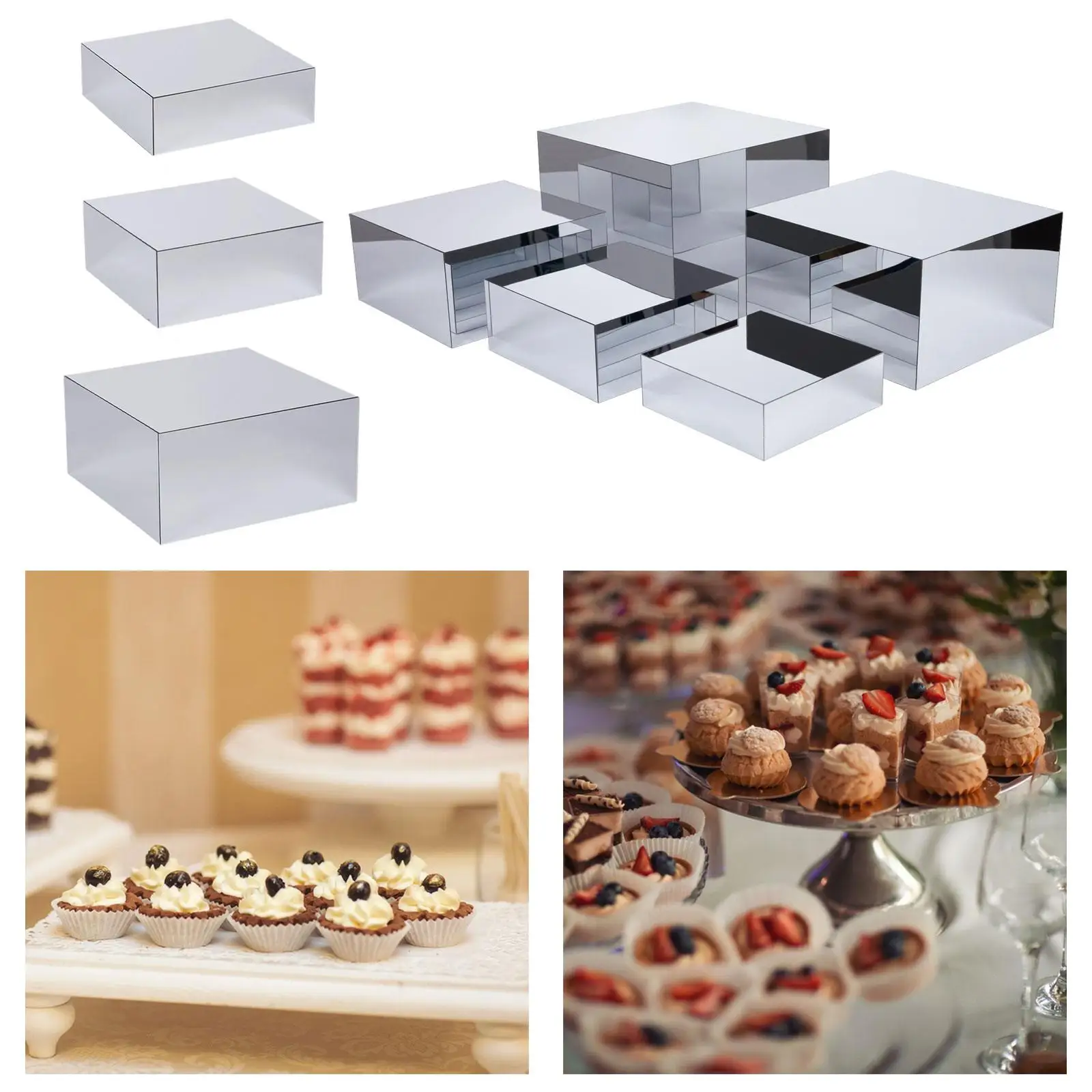 

Mirror Acrylic Cube Display Box Buffet Riser Food Platter Dessert Stand Nesting Riser for Wedding Party Banquet Cupcake Catering