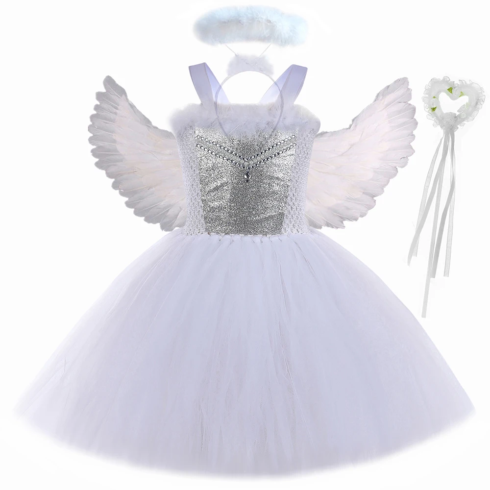 Disfraz de Ángel Blanco para niñas, vestido tutú de hada de princesa con alas, varita de Halo, traje de fiesta de cumpleaños y Halloween para bebé