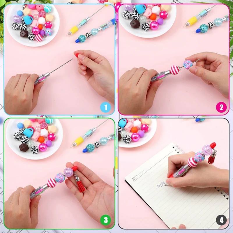 24 PCS Multicolor Beadable Pens 4-In-1 Colored Beads Pen For DIY Making Kit Students Office Retractable Ballpoint Pens Plastic