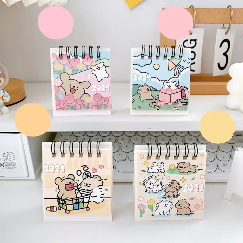 2024 Mini Calendar Cute Cartoon Puppy Series Table Calendar Small Portable Desktop Calendar Kawaii Office/student Supplies