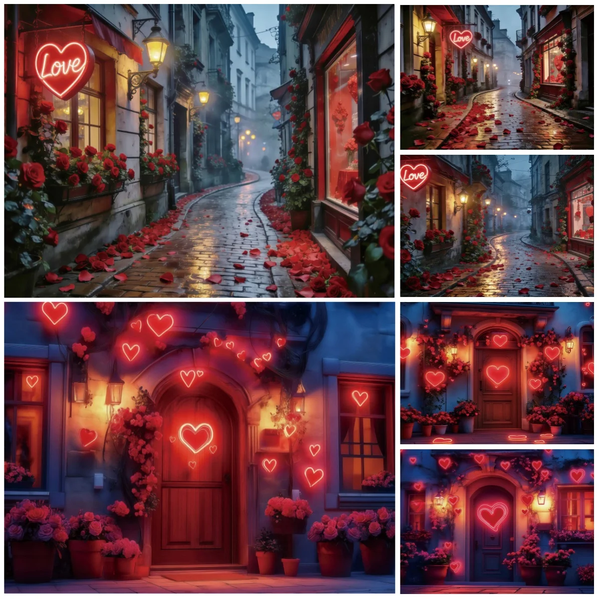 

Valentine European Alley Backdrops Love Heart Red Rose Decor For Valentine Party Vintage Night Theme Photo Studio Background