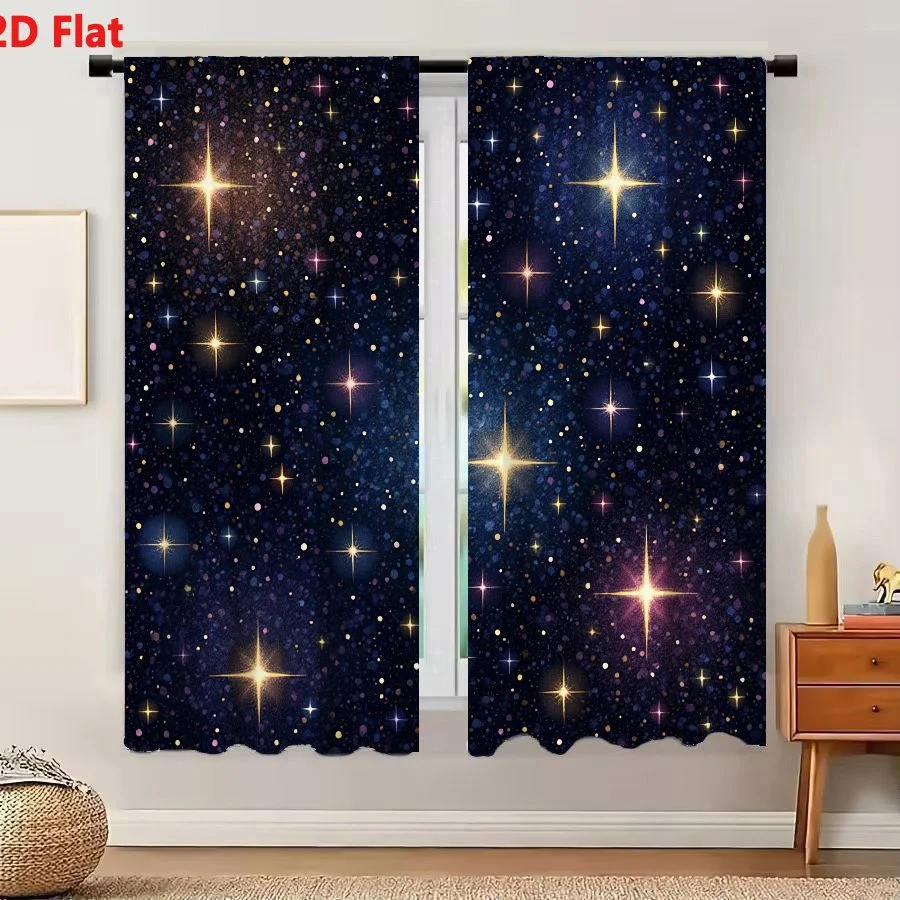 2Pcs Curtains Add 2D Flat Vibrant Starry Night Sky With Deep Navy Blue Background And Colorful Stars Window Drapes for Bedroom R