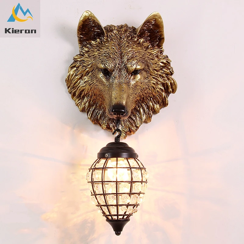 Nordic Moderne Wolf Kopf Led Wand Lampe Schlafzimmer Studie Bar Hotel Nacht Kristall Wand Lampen Wohnzimmer Dekoration Harz Wand licht