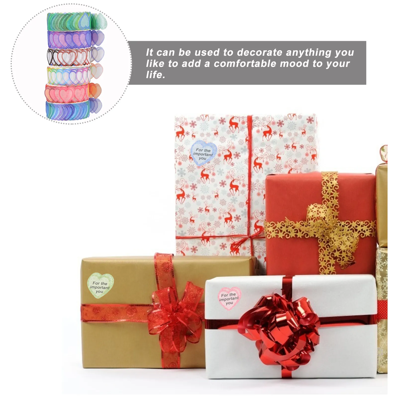 6 Rolls Heart Shape Decorative Washi Tapes Easy Peel No Sticky Residue Lightweight Portable Tape for Notebook Scrapbook Album