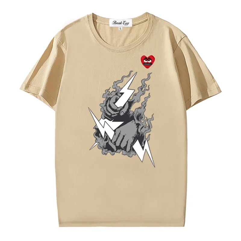 Holding Lightning in Hand Printing Women Men T-shirt Cotton Cute Snag Heart Embroidery O-neck Short-sleeved  Summer T-shirt