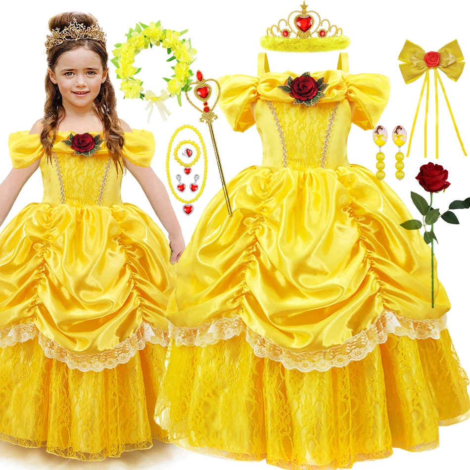 Girls Belle Cosplay Dress Beauty Beast Princess Clothes Halloween Event Festival Party Flowers Print Off Shoulder Prom Costume