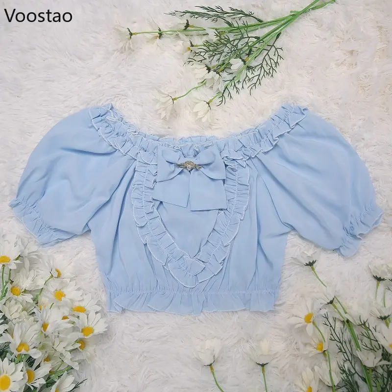 Japanese Kawaii Lolita Blouses Women Sweet Bow Ruffles Puff Sleeve Shirt Harajuku Cute Girls Fashion Princess Clothing Crop Tops