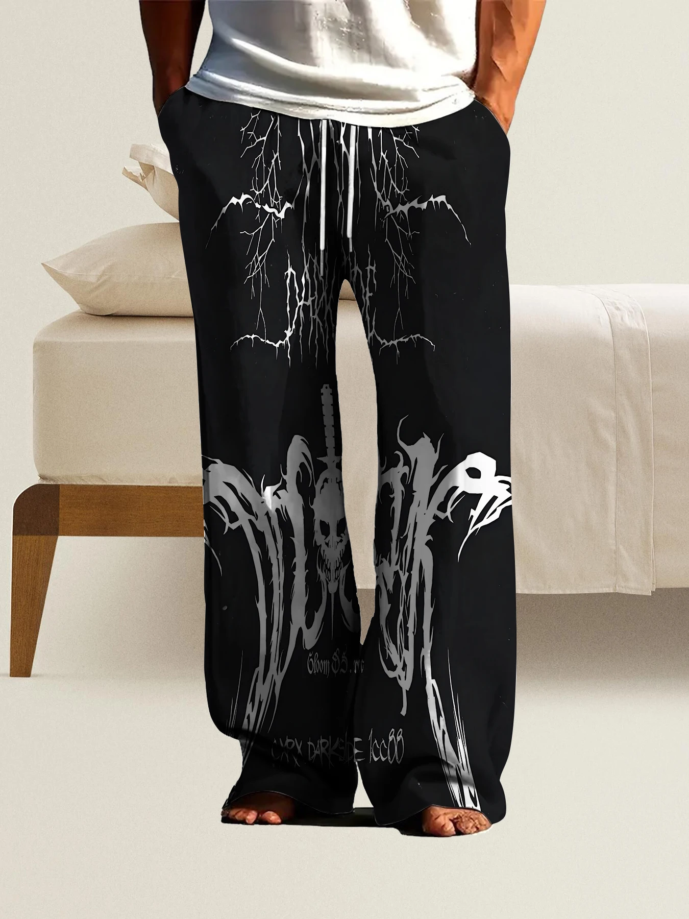 

2026 Men's Printed Straight Leg Pants Abstract Wave Design Drawstring Waist Loose Fit Summer Beach Casual Lightweight Trousers