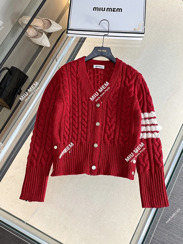 High-End Women's Red Striped V-Ne Knitted Open Cardigan Top New Year's Sle Commute Simple Regular Fit Long Sve Button