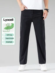 Lyocell Men's Black Jeans Summer Thin Loose Straight Soft Ice Silk Casual business Denim Pants male Elastic Wide Trousers