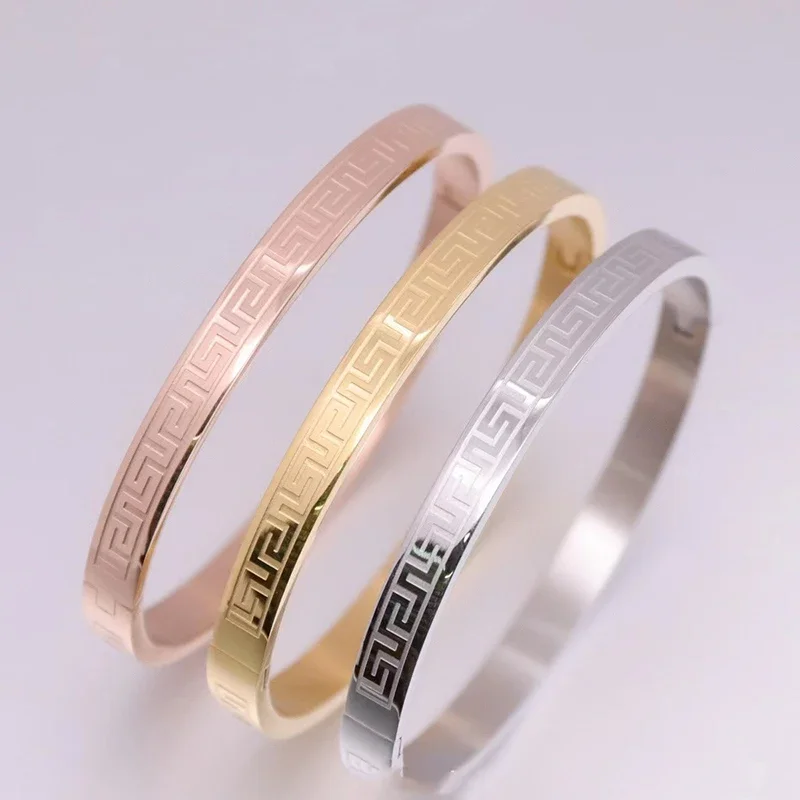 New Stainless Steel Carving Pattern Bracelet Gold Silver Rose Gold Color Cuff Bangle Woman Jewelry Gift Daily Wear