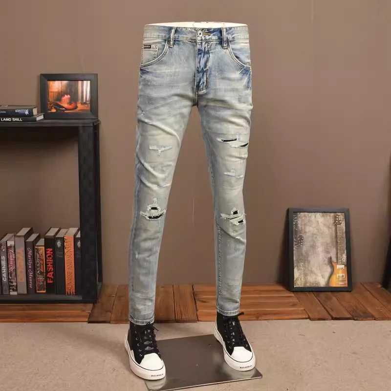 Street Fashion Men Jeans Retro Blue High Quality Stretch Slim Fit Hole Ripped Jeans Men Vintage Designer Denim Pants Hombre