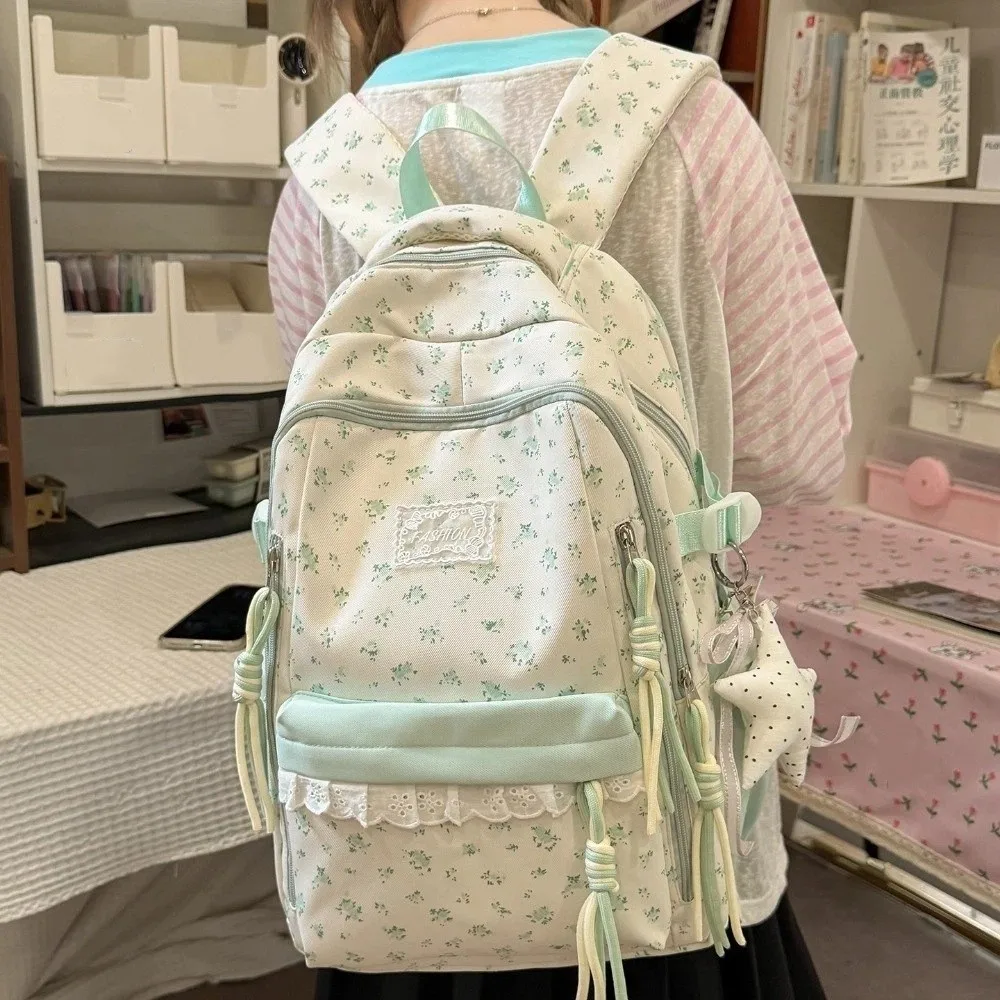 Lace Decor Floral Print Backpack Large Capacity Ultra Lightweight Bookbag Star Pendant Fresh Aesthetic Daypack Back To School