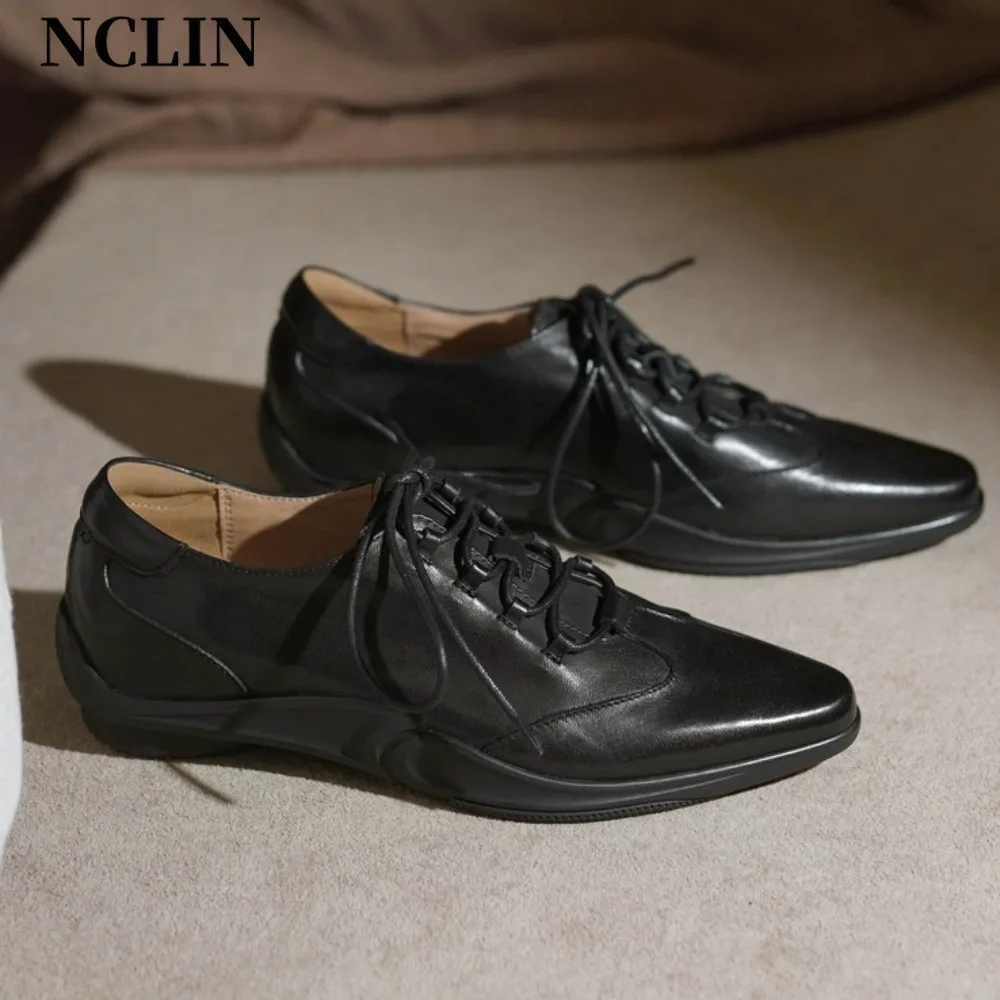 

Genuine Leather Flats Shoes Women Spring Autumn Elegant Black Slip-on Shoes Ladies Shallow Pointed Toe Casual Streetwear Loafers