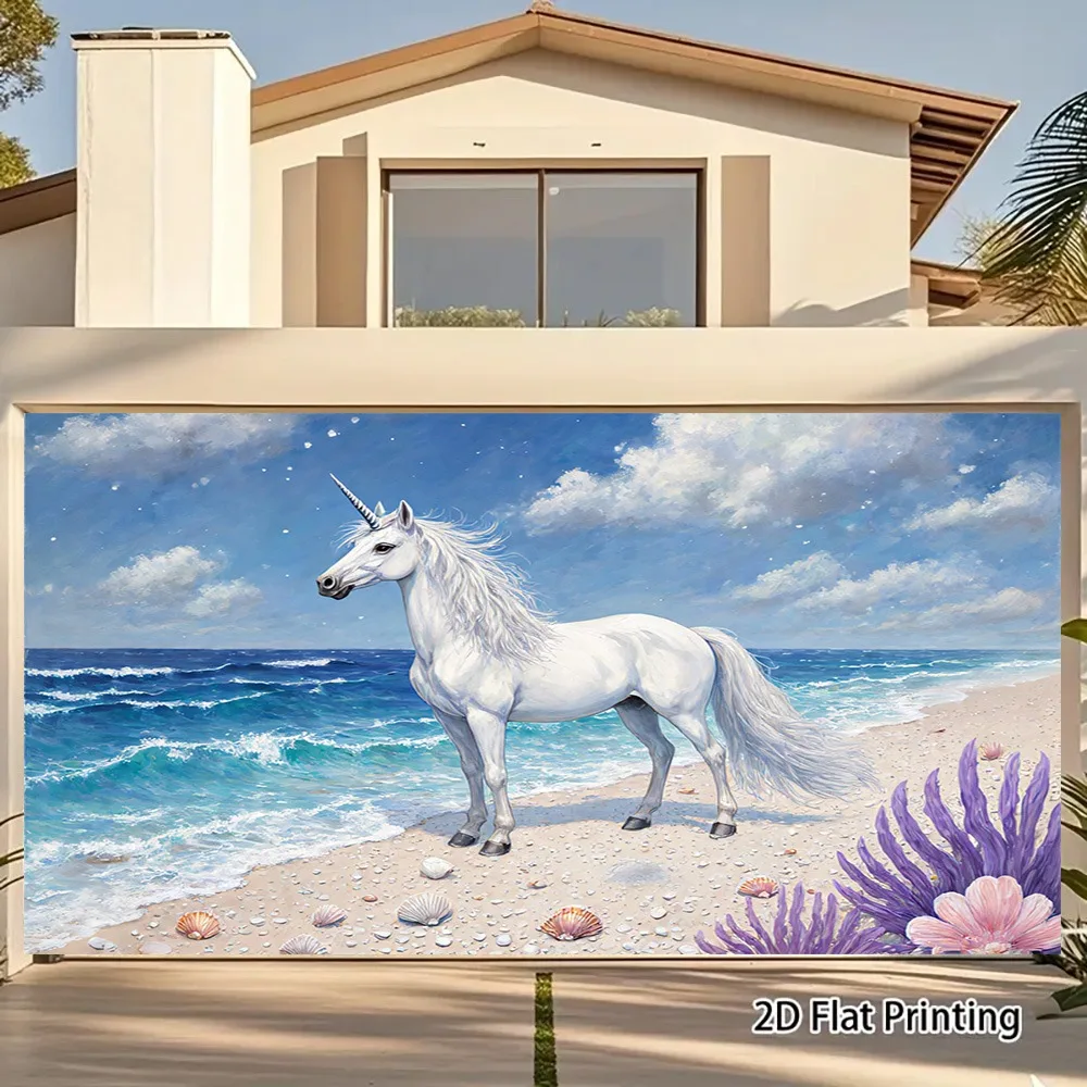 White Unicorn on Beach Ocean View Wall Tapestry 2D Flat Print Fantasy Art Mythical Creature Decor Home Interior Design Boho