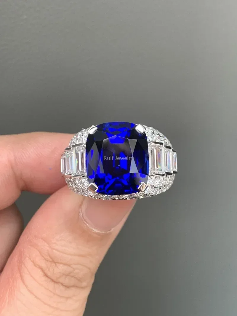 Ruif Customize PT950 High Luxury 13ct Lab Grown Sapphire Lab Grown Diamond Rings for Men Fine Jewelry