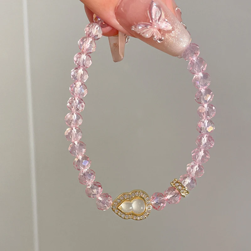 New in Sparkling Exquisite Pink Crystal Beads Bracelet for Women Light Luxury High Grade Gourd Bracelet Banquet fine Jewelry