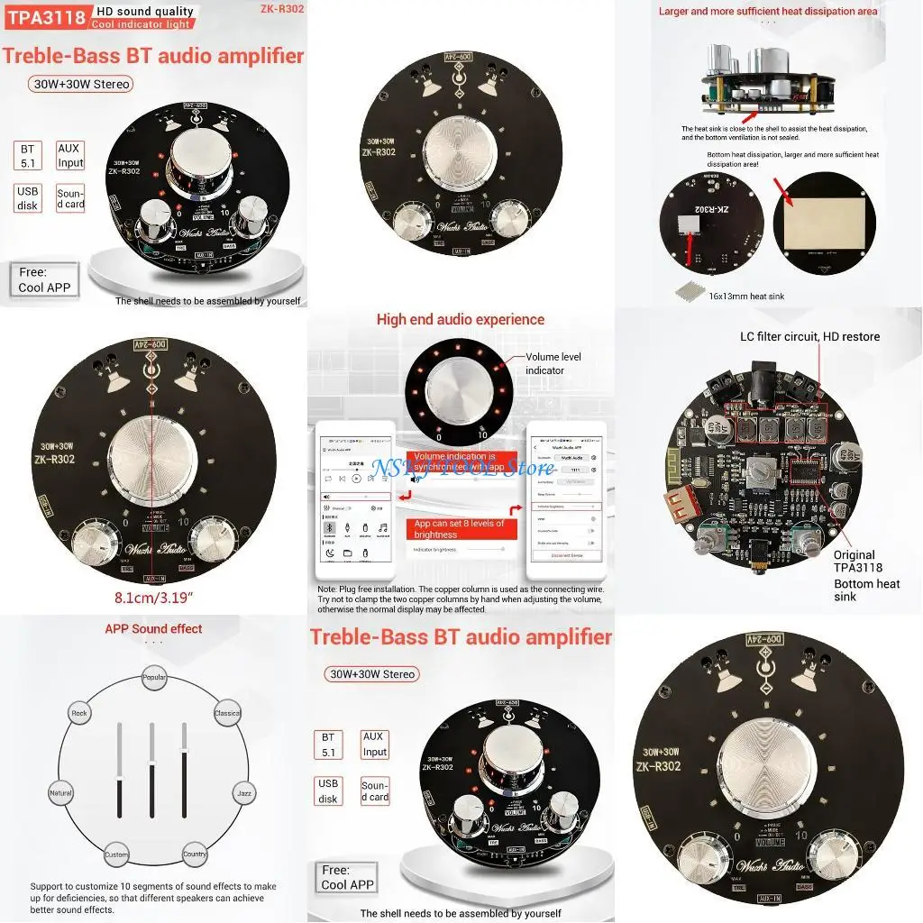

L8RC Amplifier Receiver Board Bluetooth-compatible 5.1 for DC 9-24V Digital AUX Amp Module Bass & Treble Control for Home DIY