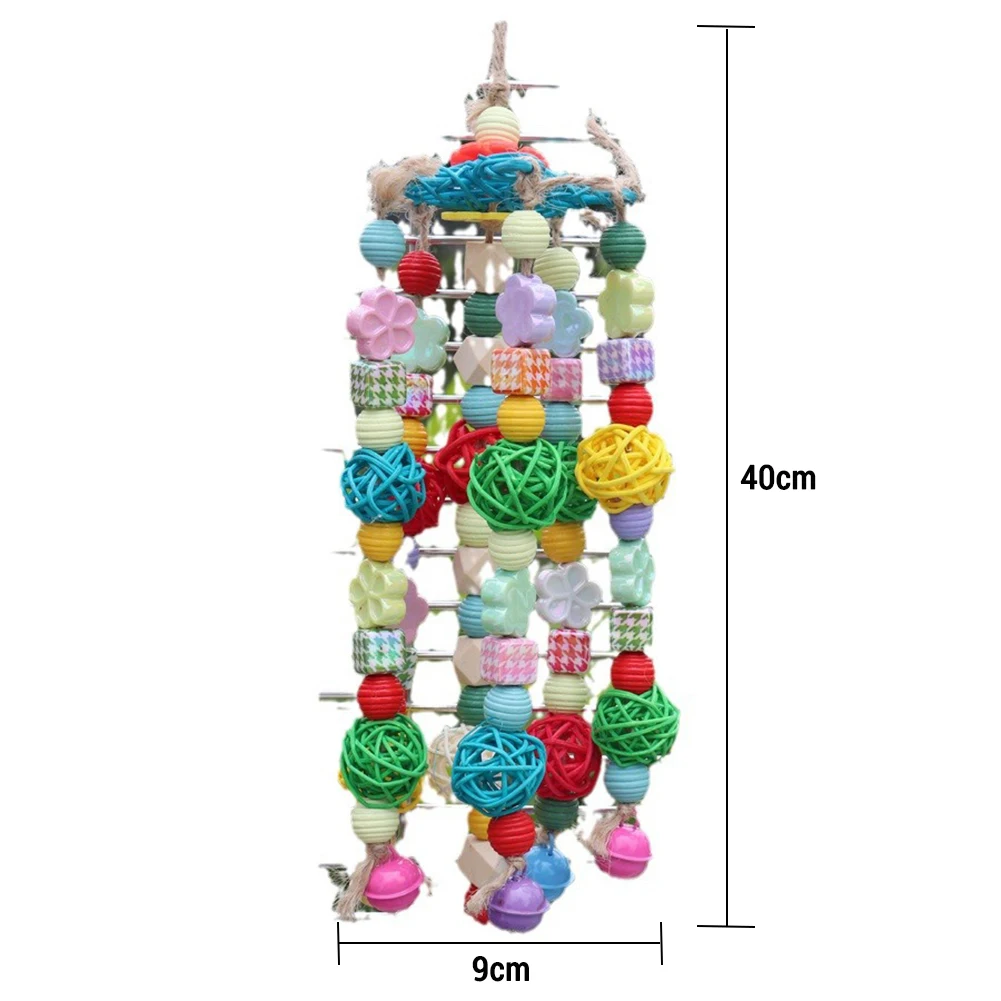 Bird Block Knots Tearing Toy Wooden Bird Toy With Colorful Acrylic Beads Solid Wood Blocks Adjustable Ropes Hooks For Cockatoos
