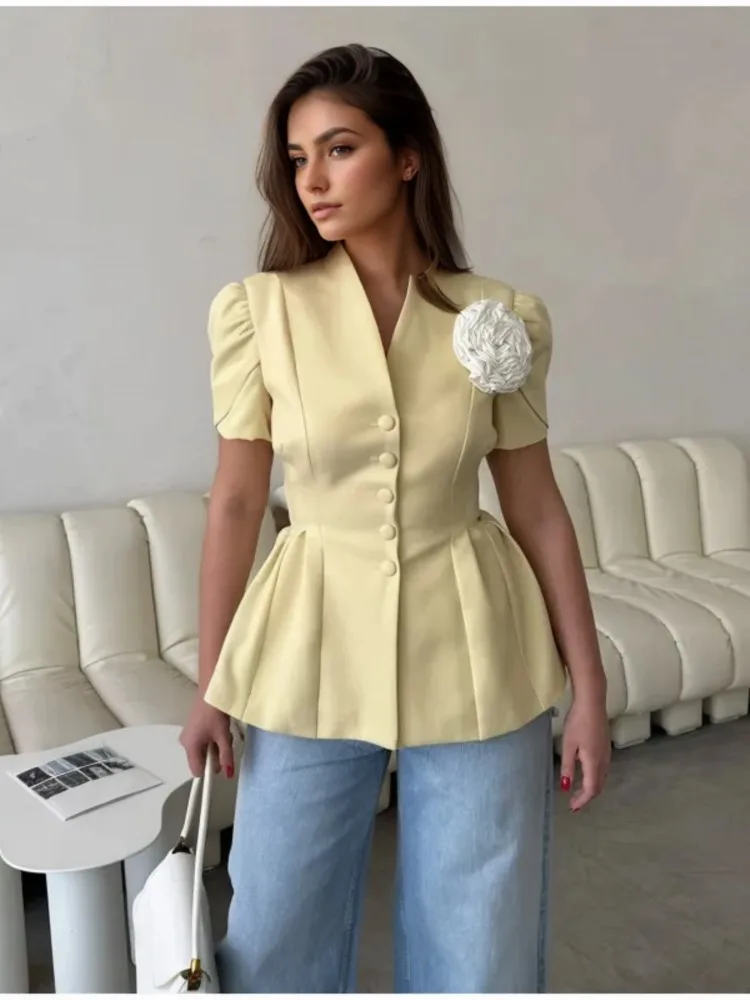 

Fashion 3d Flower Decorate Blazer Jacket Women Elegant Pleated Slim Suit Top Office 2025 New Single Breasted Short Sleeve Blazer