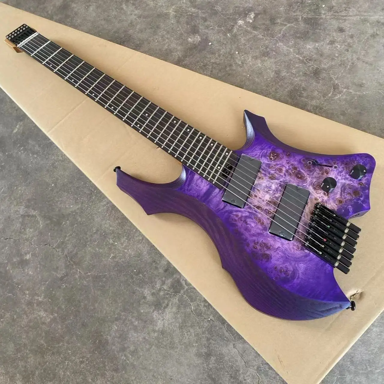 7 String Purple Headless Electric Guitar, Fanned Frets Active Pickups, 9 Piece Roasted Maple Neck, Jumbo Stainless Steel Frets