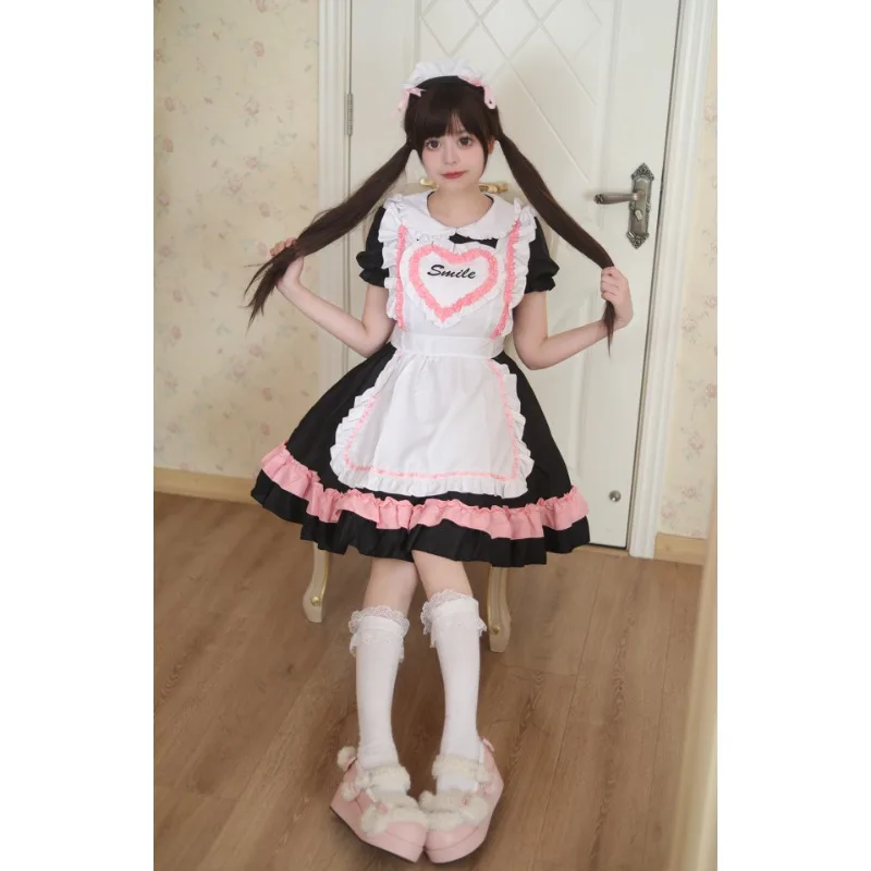 

New Sweet Cool Japanese Maid Costume Cute Lolita Black Girl Clothes Puff Sleeve Pink Love Halloween Role Play Waitress Clothing