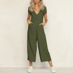 Women Fashion Simple Plain Sleeveless Jumpsuit Slim Fit Cotton Linen Casual Loose Harajuku V-neck Short-sleeved Female Jumpsuit