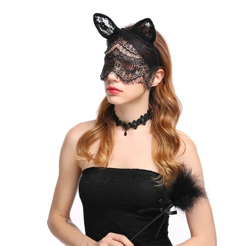 Lace Cat Ears Veil Headbands Black Hairbands Eye Mask Anime Cat Girl Cosplay Hair Accessories For Women Girls Christmas