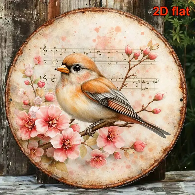 Vintage 8x8in Round Aluminum Sign, Spring Birds Cherry Blossom Musical Note Art, Decorative Plaque for Living Room Wall Decor