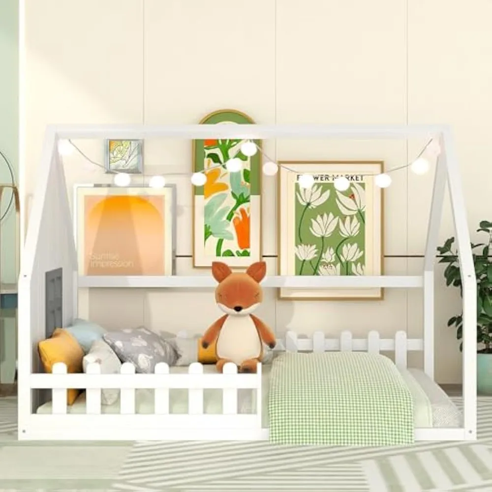 Full Size House Bed for Kids,Wood Montessori Floor Bed with Fence and Window Full Floor Bed with Rails for Girls Boys