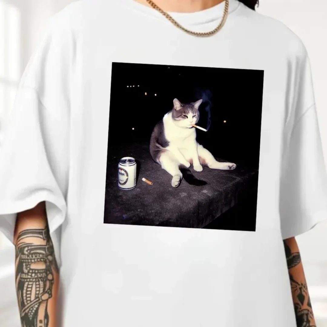Vintage Smoking Cat Beer Can Meme Graphic T Shirt Men Women Grunge Dark Y2K Streetwear Funny Weird Animal Short Sleeve Tops