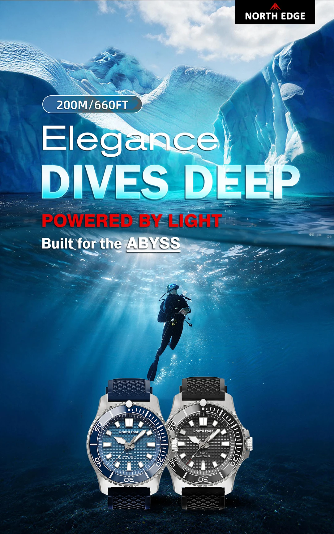 NORTH EDGE ABYSS Herren Quarzuhr Solarbetriebene Luxusuhr 200M Wasserdichte Taucheruhr 316L Stahlgehäuse 180+ Tage Energievorrat – Detail 1
