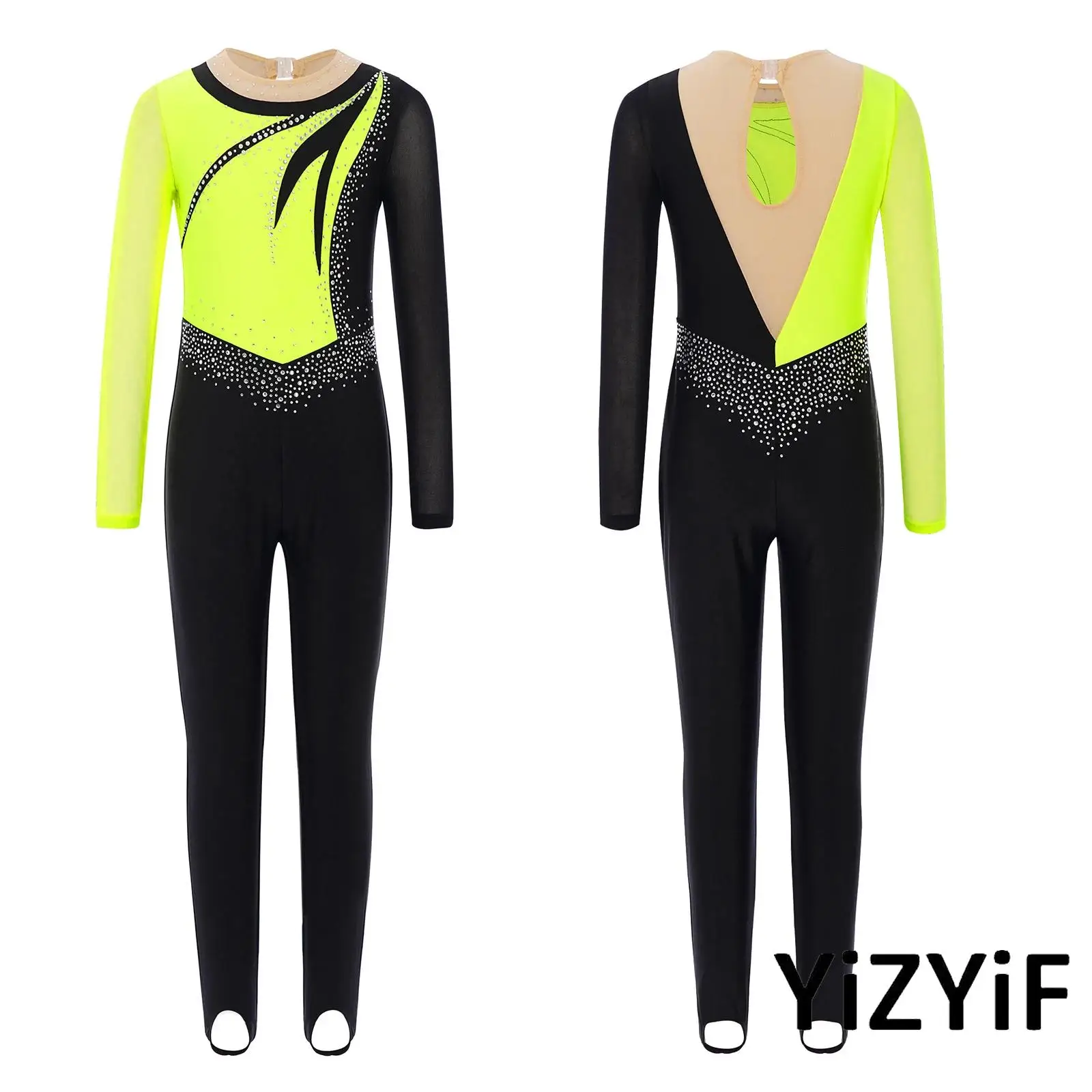 

Kids Girl Gymnastics Performance Costume Mesh Patchwork Long Sleeves Keyhole Back Shiny Rhinestones Color Block Dance Jumpsuit