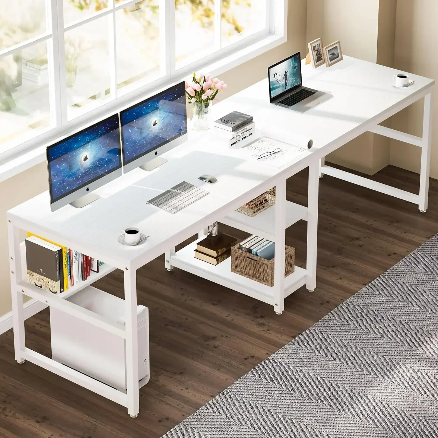 Two Person Desk with Bookshelf, 78.7 Computer Office Double Desk for Two Person, Rustic Writing Desk Workstation (White)