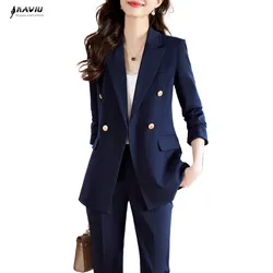 NAVIU-Ensemble Blazer et Pantalon Slim pour Femme, Vêtements de Travail pour Dame, Mode Professionnelle, Formelle, Affaires, Bleu Marine, Nouveau, Automne