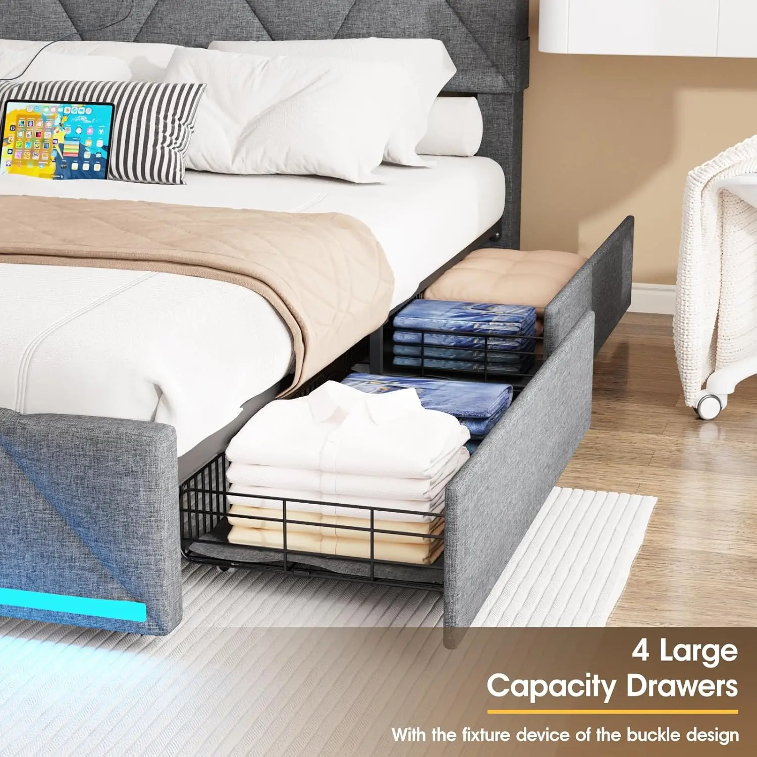 Bed Frame with Storage Headboard and 4 Drawers,Upholstered Platform with Charging Station and Led Lights,Adjustable Headboard