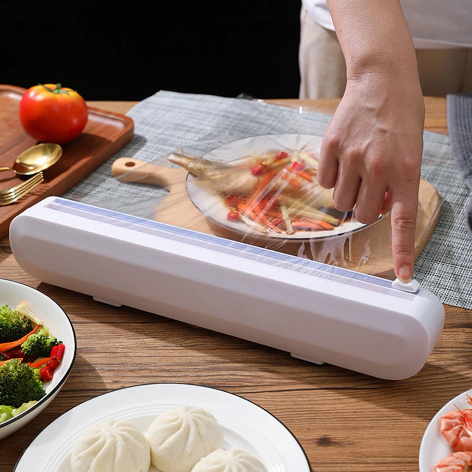 Refillable Plastic Wrap Dispenser with Slide Cutter - Reusable Food Wrap Dispenser