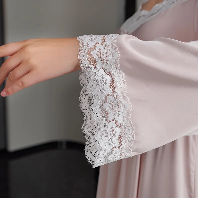 Women's Ice Silk Sleepwear, Elegant Princess Lace Nightdress, Long Sleeve Nightgowns, Casual Home Clothes, Spring, Autumn