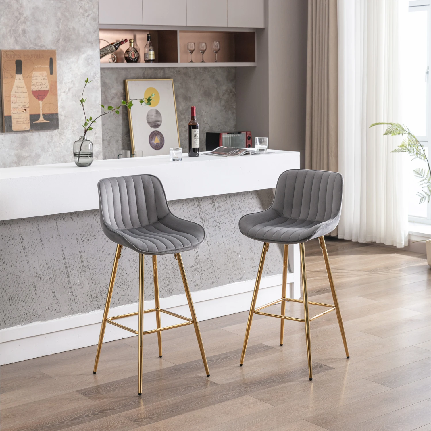 

30 inch Set of 2 Bar Stools,with Chrome Footrest Velvet Fabric Counter Stool Golden Leg Simple High Bar Stool,GRAY