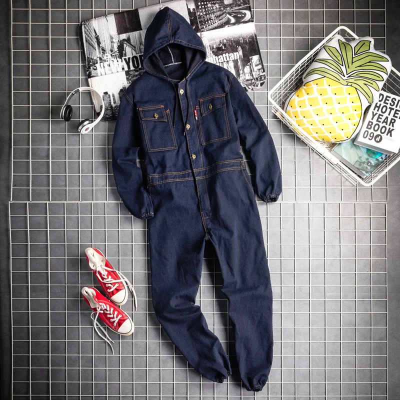 Work Overalls Jumpsuit For Men Denim Jeans Pants Long Sleeve Hooded Suit One Piece Jumper Autumn Winter Casual Workwear Clothes