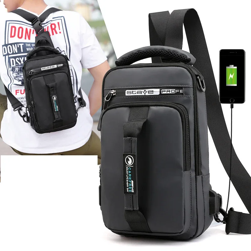 

Men Nylon Backpack Rucksack Messenger Bag with USB Inter Male Sling Chest Bag Cross Body Shoulder Bags Knapsack Handbag 4 USES