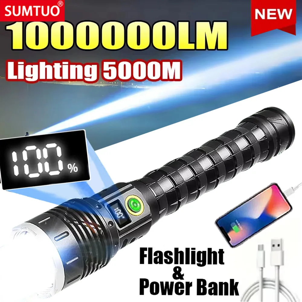 Super Bright Flashlight 10000000LM Torch High Power LED Flashlights Zoomable Lantern Rechargeable Lamp Camping Hunting Torch